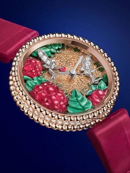 Perlée Extraordinaire Fruits Enchantés Framboise watch, 18K rose gold, rhodium plated 18K white gold, diamonds, enamel, miniature painting, Swiss quartz movement. Extraordinary Dials collection, Van Cleef & Arpels.