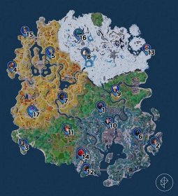A map of the Fortnite chapter 4 season 2 map during week 5, including all the NPC locations like the newly added Mystica