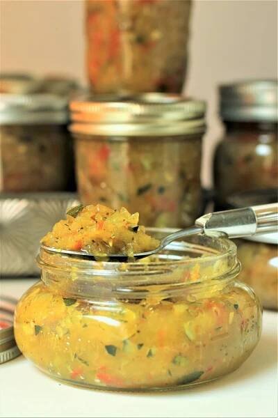 zucchini relish; a jar of this sweet 'n tangy relish will make your hot dogs and hamburgers happy