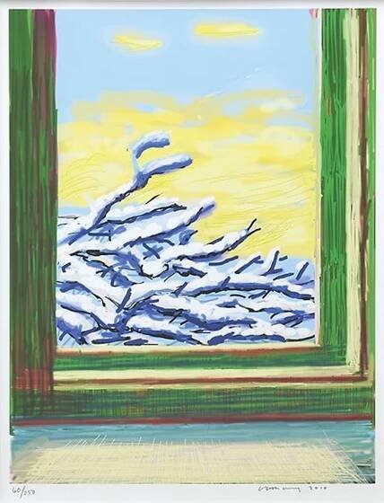 My Window with iPad drawing No. 610, 23rd December 2010. [Snow Covered Boughs] by David Hockney