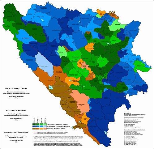 Náboženská struktura Bosny a Hercegoviny podle obcí v roce 2013