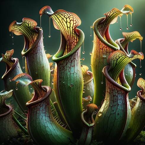 Close-up view of Asian Pitcher Plants capturing and digesting prey, showcasing the unique hunting and feeding process of these carnivorous plants in the Asian flora.
