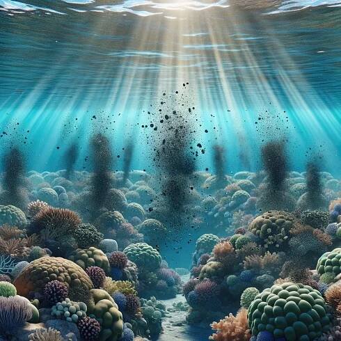 an underwater scene with corals and seaweed in the foreground, under water