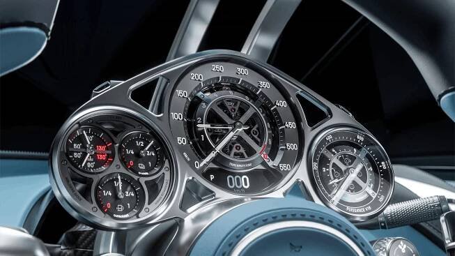Shows the interior dashboard of the Bugatti Tourbillon Car that resembles the Bugatti Tourbillon Watch face.