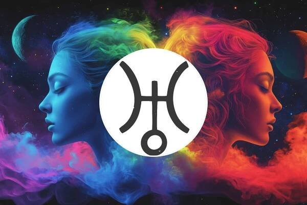 An image collage containing 2 images, Image 1 shows Zodiac gemini in space with colorful neon space, Image 2 shows Illustration of the astrological symbol for Uranus