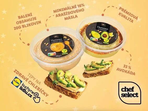 Hummus Chef Select s avokádem a arašídovým máslem, zdravé chlebíčky Lidl.