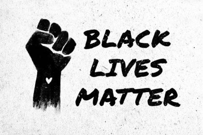 Photo stock illustration of a raised black fist and the phrase black lives matter on a white textured background