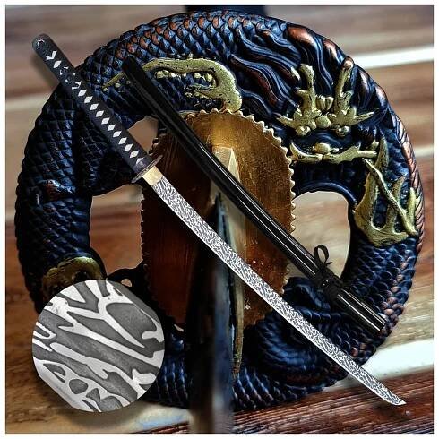 Katana Sunekuai 2,26 Shaku, uhlíková ocel AISI 1045, 3D imitace damašku