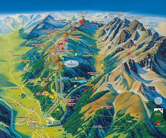 Gezeichnete Sommerpanoramakarte mit Anlagen und Wanderwegen in der Schlick 2000