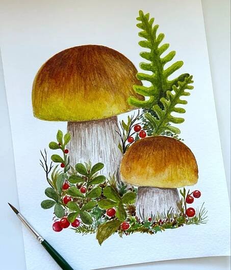 Watercolor Mushrooms and Ferns Painting