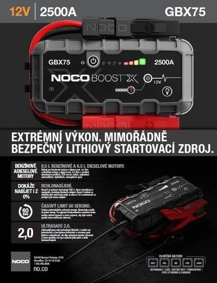 Startovací zdroj, booster 12V, 2500A, Lithium-Iontová baterie 74 Wh, pro benzínové motory do objemu 8,5 l a dieslové motory do 6,5 l Boost GBX75 NOCO