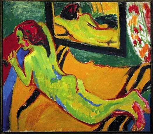 Ernst Ludwig Kirchner, Reclining Nude in Front of Mirror, 1909-1910, oil on canvas, 83.3 x 95.5 cm (Brücke-Museum, Berlin)