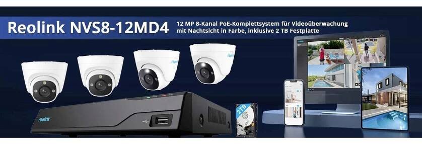 Reolink NVS8-12MD4 LAN IP-sada bezpečnostní kamery 8kanálový se 4 kamerami 4512 x 2512 Pixel