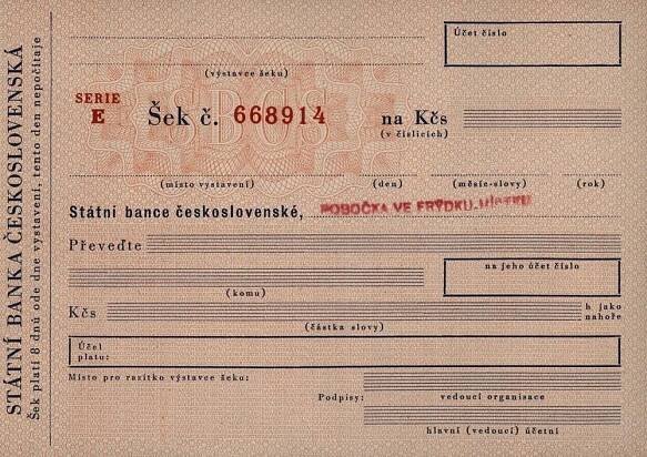 Zúčtovací soukromý šek Státní banka československá SBČS, série E