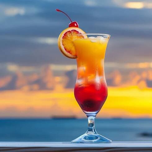 an orange and red drink sitting on top of a wooden table next to the ocean