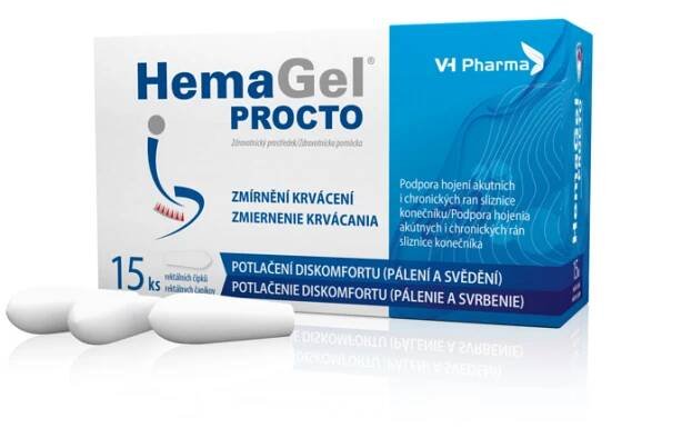 Krabička s čípky HemaGel PROCTO 15 čípků_VH Pharma_CZ-SK_3D_pravý pohled