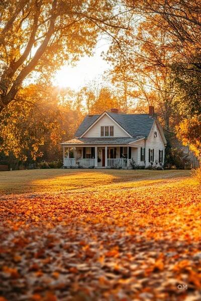A cozy country house surrounded by autumn trees with a golden carpet of fallen leaves in the warm light of the setting sun.