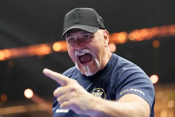 John Fury pointing at Kingdom Arena in Riyadh.