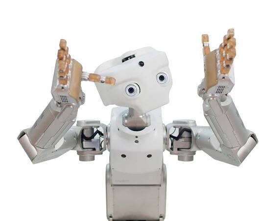 A white robot with a simple face with two eyes and a camera. It has two hands with five gripper fingers which it holds up as if gesturing.