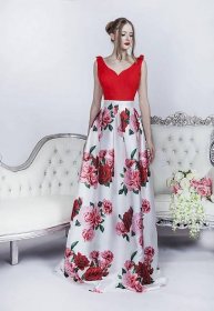 Plesové šaty s květinovou sukní a červeným korzetem
