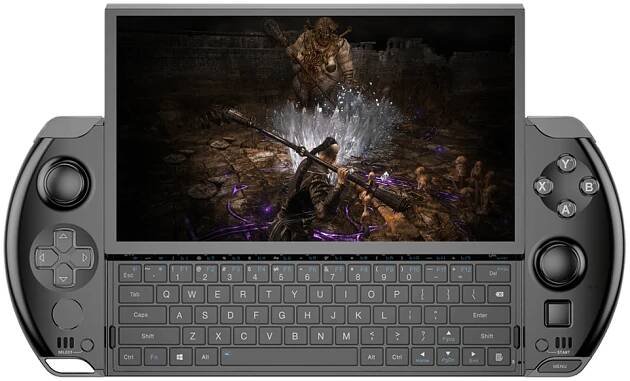 The image shows a GPD WIN 4 2025 model, a portable handheld gaming device. It features a landscape-oriented screen with game graphics displayed. The device includes integrated game controller buttons on the sides, a QWERTY keyboard below the screen, and thumbsticks for precise input. Its compact design emphasizes mobility and versatility for gaming and productivity on the go.