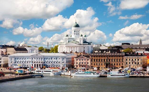 Helsinki cityscape with Helsinki Cathedral and ferries.