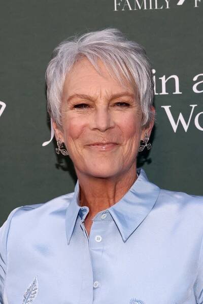 Jamie Lee Curtis with a gray long pixie
