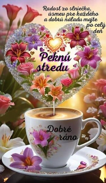 a cup of coffee with flowers in the shape of a heart and words pekini stredu
