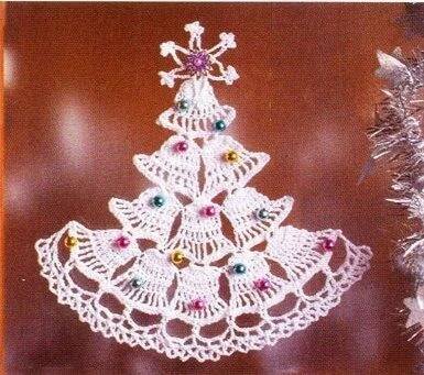 a crocheted christmas tree with ornaments on it