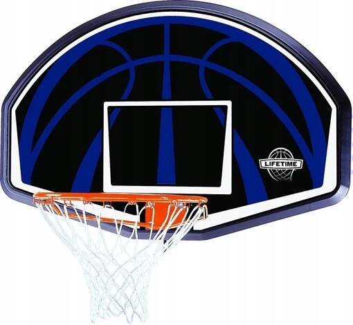 an image of a basketball going through the hoop on a wall mounted basketball goal in front of a white background
