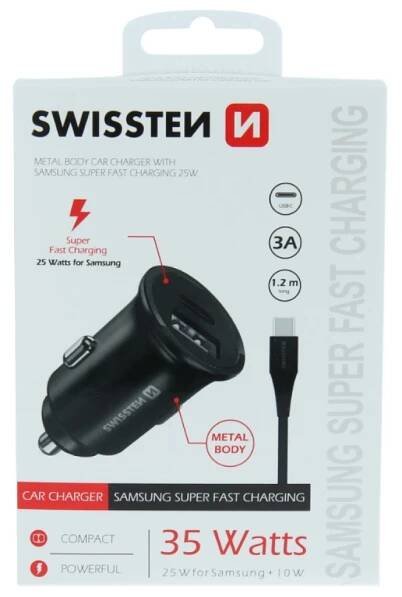 Rychlonabíječka do auta CL Swissten 25W + kabel USB-C/USB-C 1,2m - černá