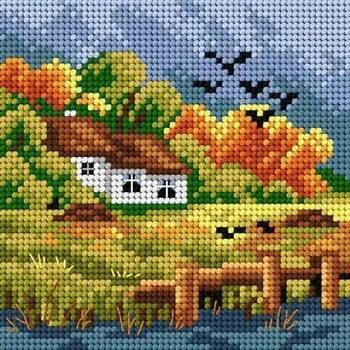 Vyšívací vzor Předloha vyšívací Podzimní dům 2 15x15cm (Gobelínové plátno (stramín) s natištěným obrázkem s motivem Domu na podzim. Kreativní předloha od výrobce Orchidea. Bavlněná vyšívací předloha s rozměry 15 x 15 cm.)