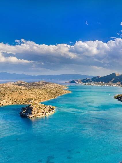 An aerial view of Mirabello Bay and Spinalonga Island in Greece