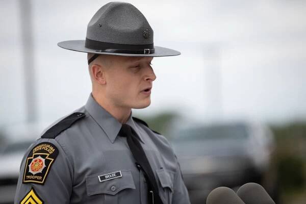 PA State Trooper Logan T. Brouse at a joint press conference urging Pennsylvanians to celebrate responsibly ahead of the Labor Day holiday...PSP and local municipal police agencies will be conducting impaired driving enforcement details as part of the National Crackdown on Impaired Driving enforcement and education campaign running through September 1. This effort is funded through PennDOT's statewide annual distribution of more than $6.2 million from the National Highway Traffic Safety Administration for impaired driving enforcement. The goal of targeted enforcement is to reduce the number of impaired driving-related crashes, injuries, and deaths on roadways throughout the state. ⇣ Download Photo