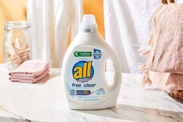 All Free Clear Liquid 2x Concentrated Laundry Detergent displayed on marble countertop