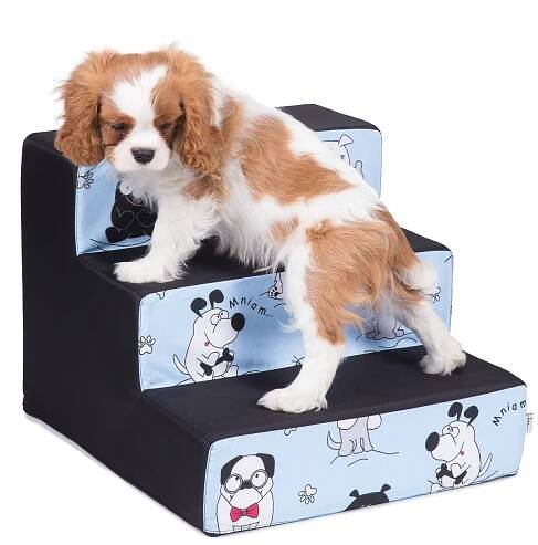 Iridog Schody pro psy Steppie no.1 černé se světle modrými buldočky v33 x š40 x d45 cm