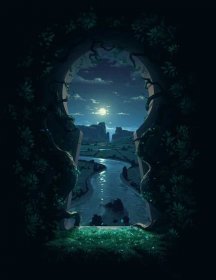 River Night Scenery Behind Key-Shaped Opening Wallpaper