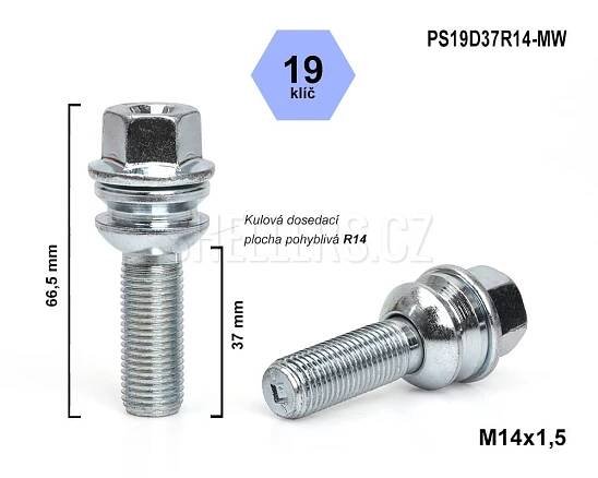 Kolový šroub M14x1,5x37 kulový R14 pohyblivá plocha, klíč 19, PS19D37R14-MW, výška 66,5