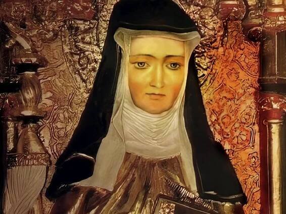 Figur der Hildegard von Bingen, Sibylle vom Rhein, deutsche Benediktineräbtissin und Universalgelehrte. Sie trägt ein schwarzes Kopftuch.