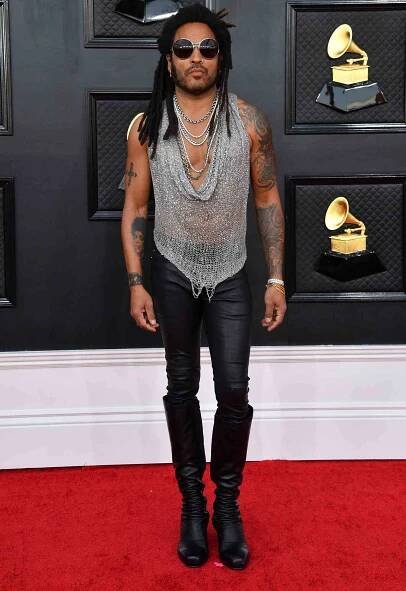 Lenny Kravitz Brings His Signature Rock-Star Style to the Grammys in Sheer Silver Chainmail Top