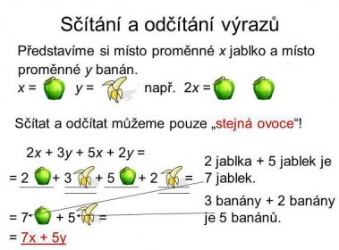 Představíme si místo proměnné x jablko a místo proměnné y banán. x = y = např. 2x = Sčítat a odčítat můžeme pouze „stejná ovoce ! 2x + 3y + 5x + 2y = 2 jablka + 5 jablek je 7 jablek. = = 3 banány + 2 banány je 5 banánů. = = = 7x + 5y.