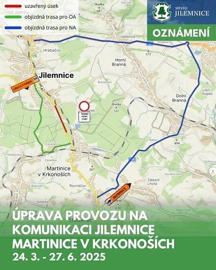 V souvislosti s výstavbou cyklostezky na trase Jilemnice - Martinice v Krkonoších dochází k omezení provozu na části silnice č. II/293.