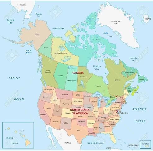 kanadská a sjednocená staesská administrativní a politická mapa - spojené státy americké severní amerika stock ilustrace