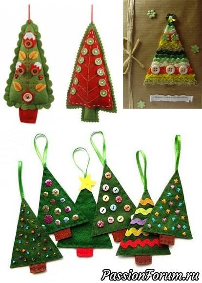 four christmas trees made out of felt are shown in different colors and sizes, with buttons on them