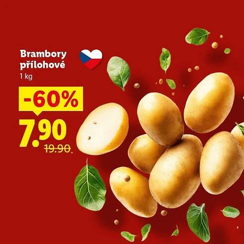 Brambory přílohové s 66% slevou za 6,60 Kč, původně 19,90 Kč, s českou vlajkou.