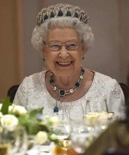 Queen Elizabeth II smiles as she attends a dinner at the Corinthia Palace Hotel in Attard during the Commonwealth Heads of Government Meeting (CHOGM) on November 27, 2015