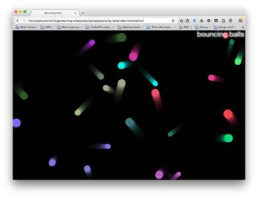 Screenshot of a webpage titled "Bouncing balls". 23 balls of various pastel colors and sizes are visible across a black screen with long trails behind them indicating motion.