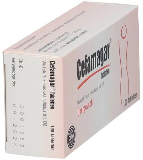 Schachtel "Cefamagar Tabletten" in Schrägansicht. Aufdruck: "Übergewicht", 100 Tabletten. Haltbarkeitsdatum 09.2024. Cefak-Logo.