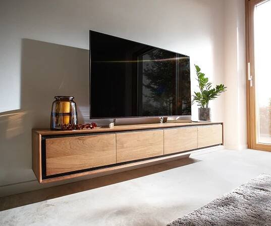 DELIFE TV stolek Stonegrace 200 cm akácie přírodní 4 dvířka kamenná dýha závěsné