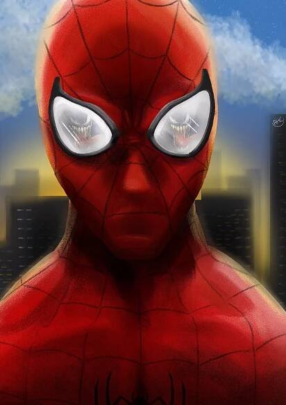Spider-Man with a city in the background